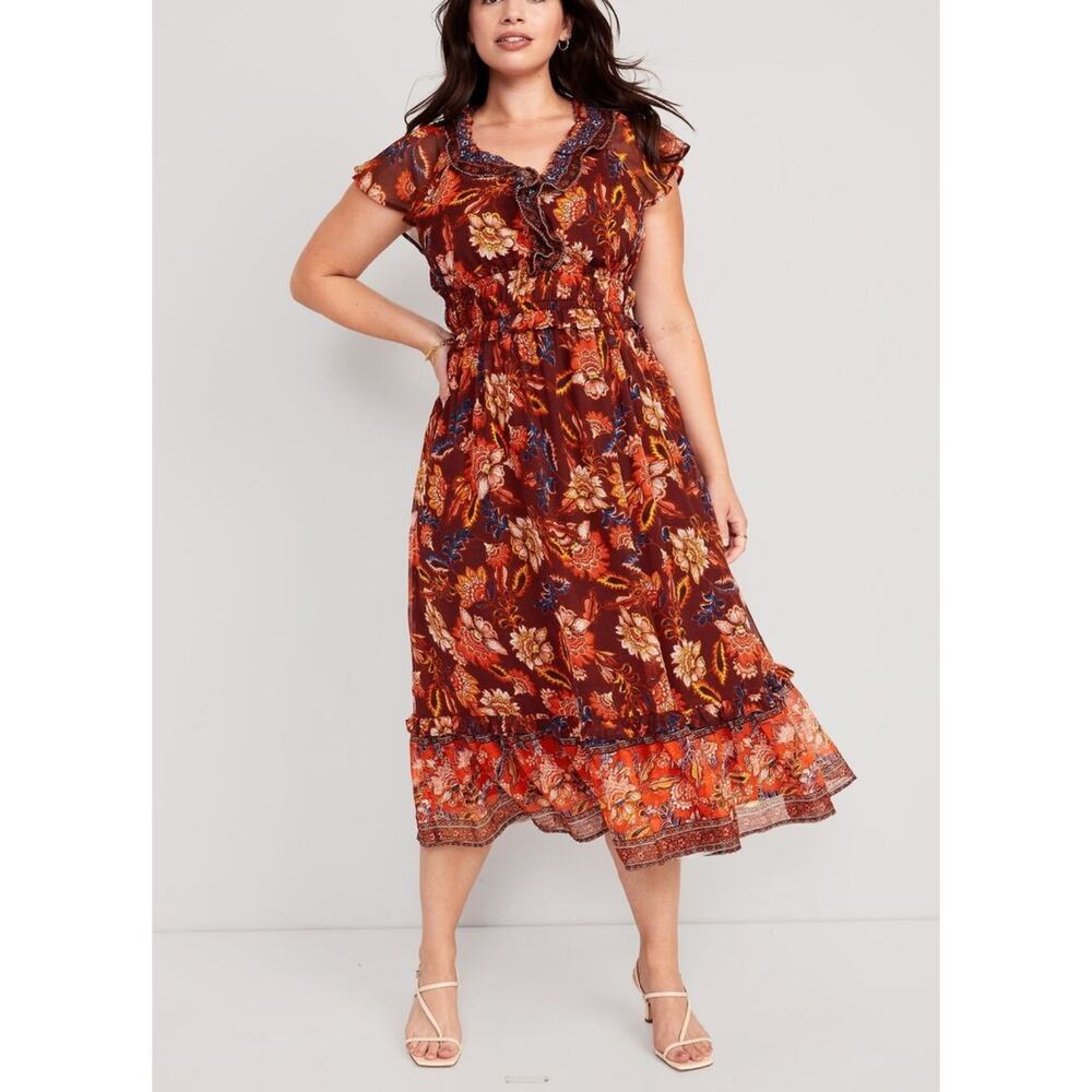 Old Navy Floral Midi Dress - Red and Orange